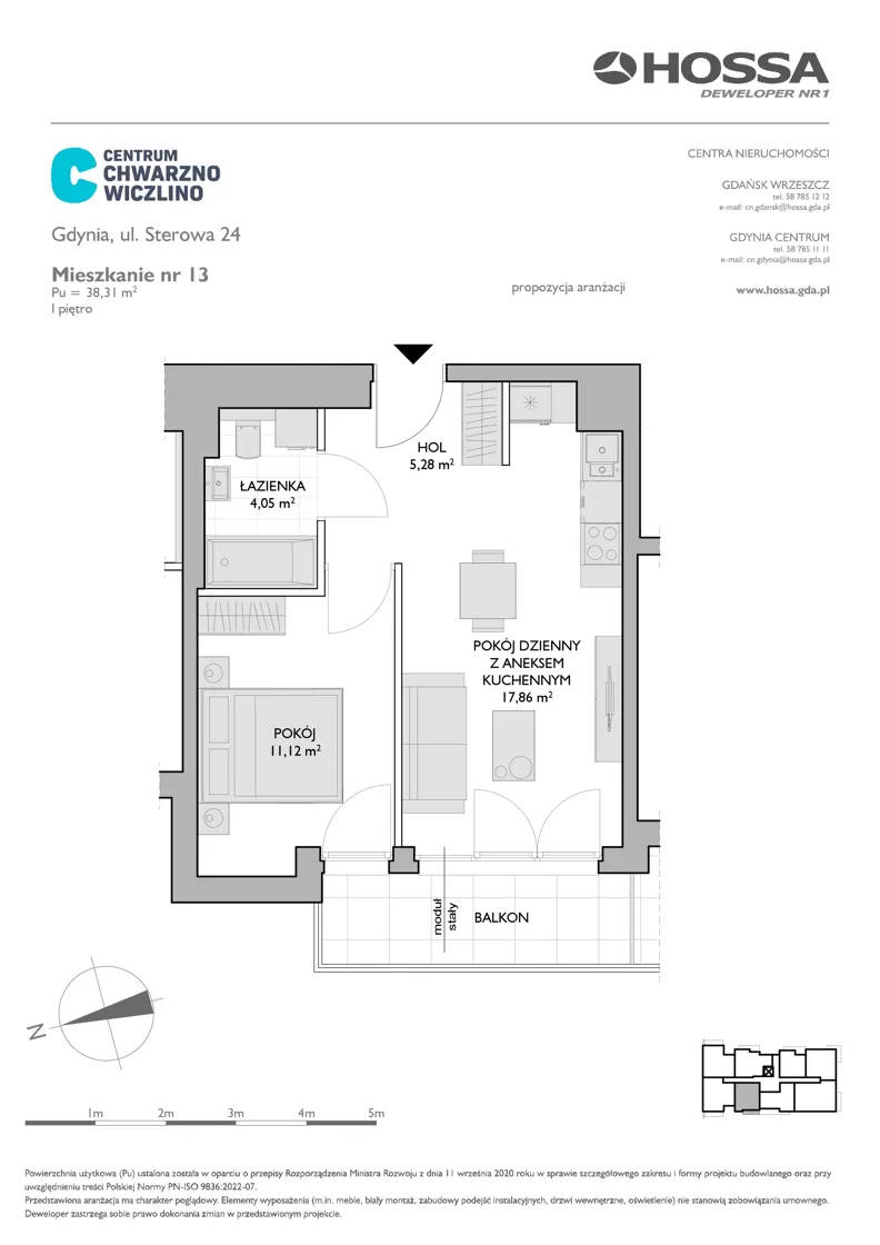 2 pokoje, mieszkanie 38,31 m², piętro 1, oferta nr CCW/S24/13, Centrum Chwarzno - Wiczlino , Gdynia, Chwarzno-Wiczlino, ul. Fregatowa