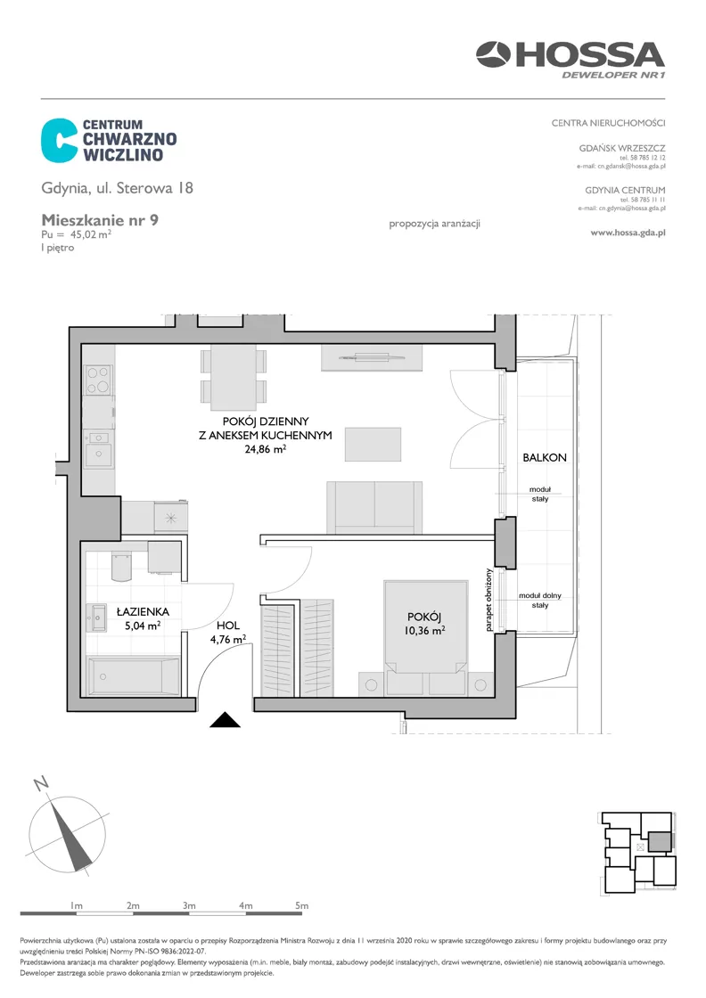 2 pokoje, mieszkanie 45,02 m², piętro 1, oferta nr CCW/S18/9, Centrum Chwarzno - Wiczlino , Gdynia, Chwarzno-Wiczlino, ul. Fregatowa