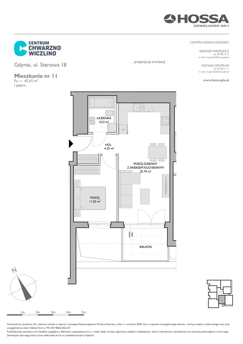 2 pokoje, mieszkanie 45,65 m², piętro 1, oferta nr CCW/S18/11, Centrum Chwarzno - Wiczlino , Gdynia, Chwarzno-Wiczlino, ul. Fregatowa