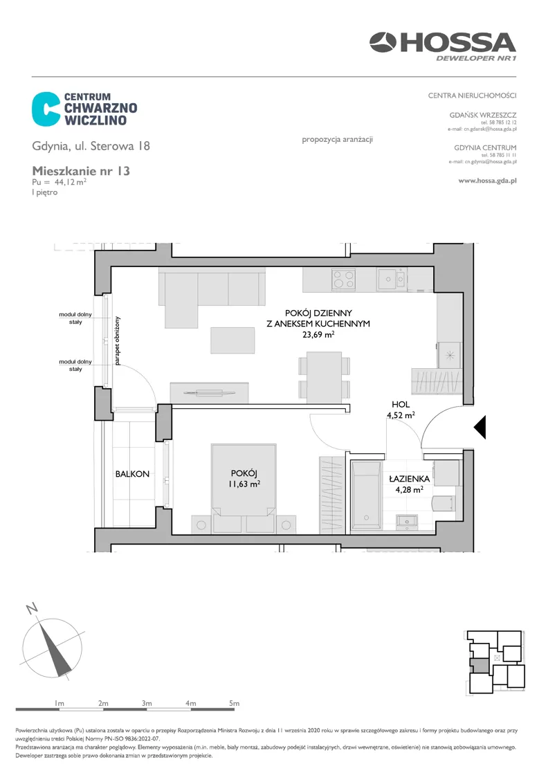 2 pokoje, mieszkanie 44,12 m², piętro 1, oferta nr CCW/S18/13, Centrum Chwarzno - Wiczlino , Gdynia, Chwarzno-Wiczlino, ul. Fregatowa