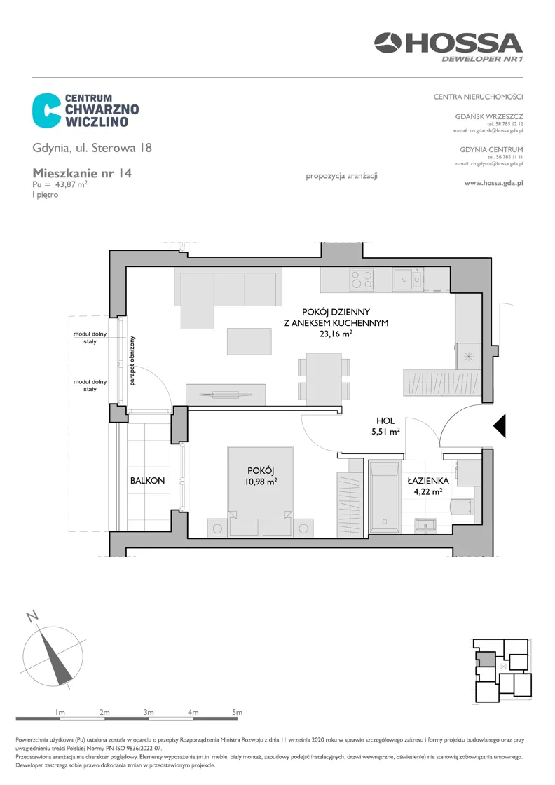 2 pokoje, mieszkanie 43,87 m², piętro 1, oferta nr CCW/S18/14, Centrum Chwarzno - Wiczlino , Gdynia, Chwarzno-Wiczlino, ul. Fregatowa