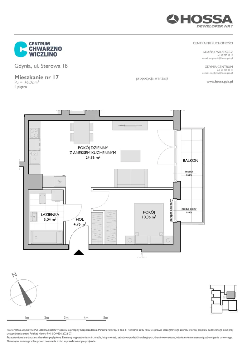 2 pokoje, mieszkanie 45,02 m², piętro 2, oferta nr CCW/S18/17, Centrum Chwarzno - Wiczlino , Gdynia, Chwarzno-Wiczlino, ul. Fregatowa
