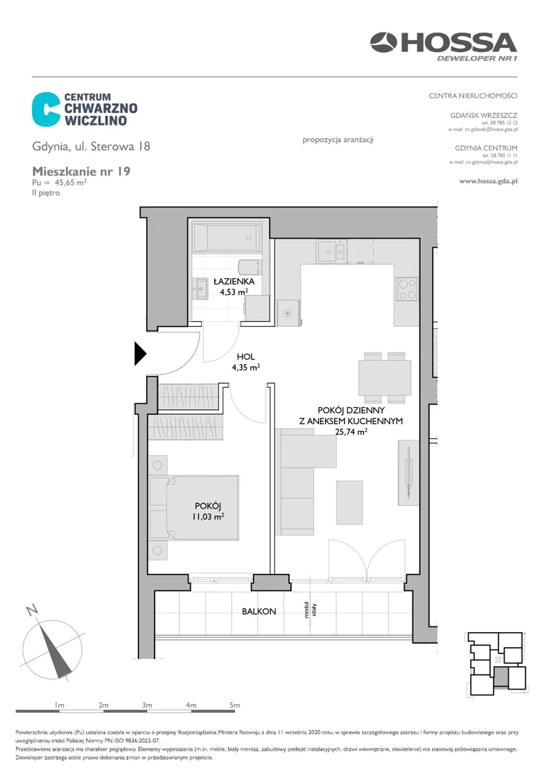 2 pokoje, mieszkanie 45,65 m², piętro 2, oferta nr CCW/S18/19, Centrum Chwarzno - Wiczlino , Gdynia, Chwarzno-Wiczlino, ul. Fregatowa