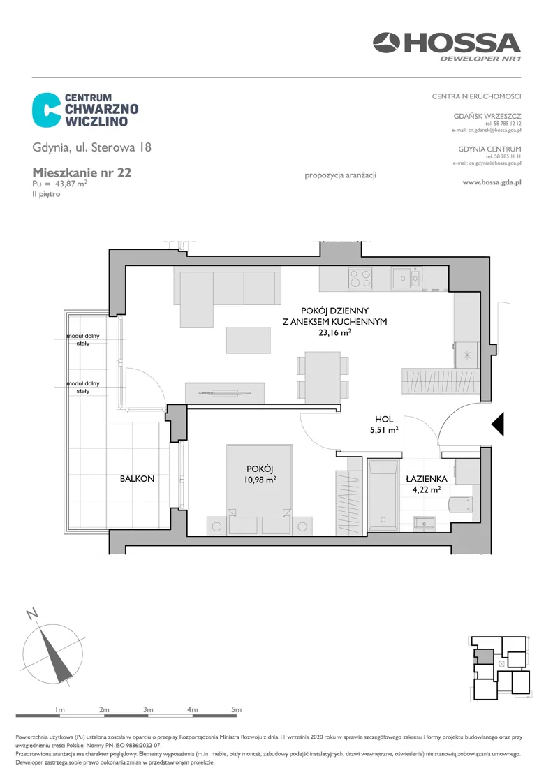 2 pokoje, mieszkanie 43,87 m², piętro 2, oferta nr CCW/S18/22, Centrum Chwarzno - Wiczlino , Gdynia, Chwarzno-Wiczlino, ul. Fregatowa