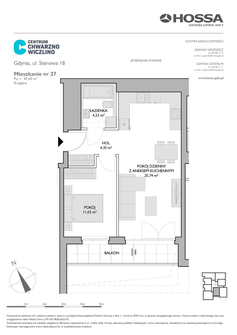 2 pokoje, mieszkanie 45,65 m², piętro 3, oferta nr CCW/S18/27, Centrum Chwarzno - Wiczlino , Gdynia, Chwarzno-Wiczlino, ul. Fregatowa