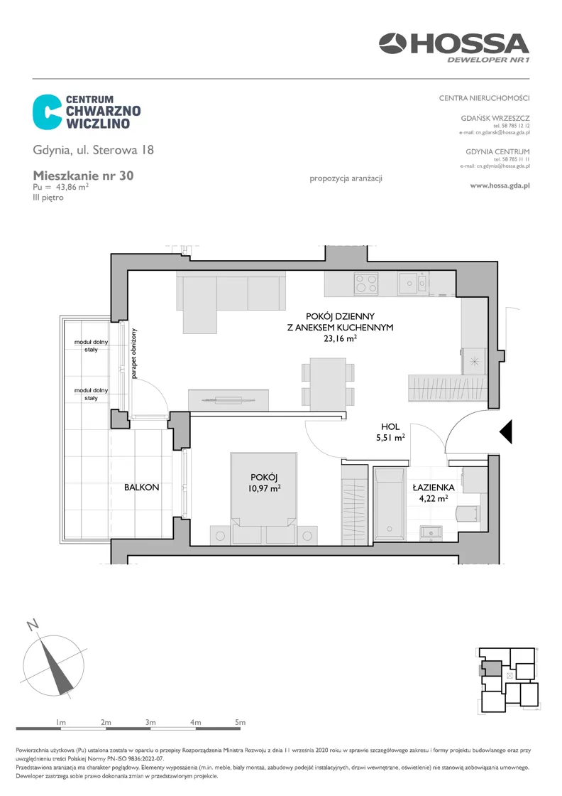 2 pokoje, mieszkanie 43,86 m², piętro 3, oferta nr CCW/S18/30, Centrum Chwarzno - Wiczlino , Gdynia, Chwarzno-Wiczlino, ul. Fregatowa