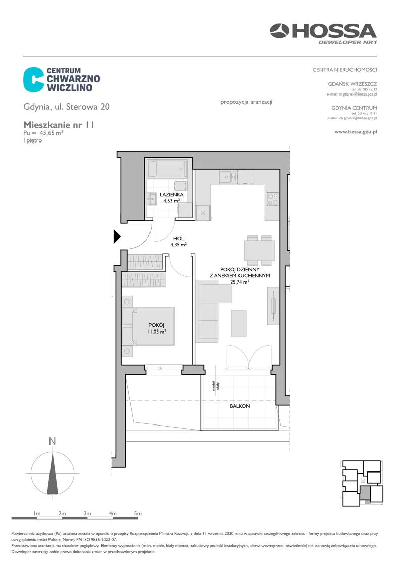 2 pokoje, mieszkanie 45,65 m², piętro 1, oferta nr CCW/S20/11, Centrum Chwarzno - Wiczlino , Gdynia, Chwarzno-Wiczlino, ul. Fregatowa