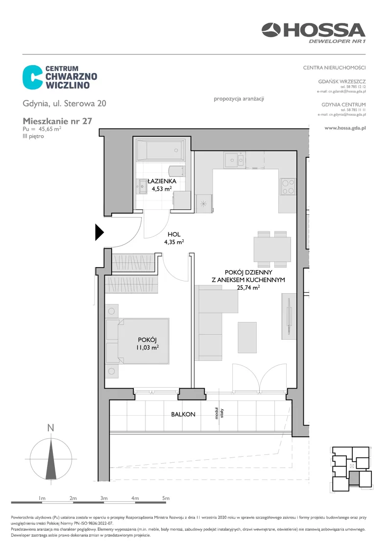 2 pokoje, mieszkanie 45,65 m², piętro 3, oferta nr CCW/S20/27, Centrum Chwarzno - Wiczlino , Gdynia, Chwarzno-Wiczlino, ul. Fregatowa