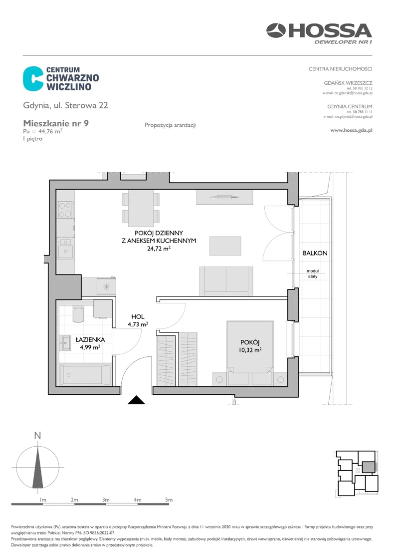 2 pokoje, mieszkanie 44,76 m², piętro 1, oferta nr CCW/S22/9, Centrum Chwarzno - Wiczlino , Gdynia, Chwarzno-Wiczlino, ul. Fregatowa
