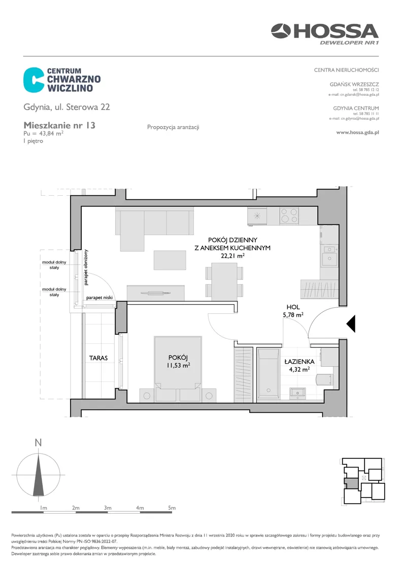 2 pokoje, mieszkanie 43,84 m², piętro 1, oferta nr CCW/S22/13, Centrum Chwarzno - Wiczlino , Gdynia, Chwarzno-Wiczlino, ul. Fregatowa