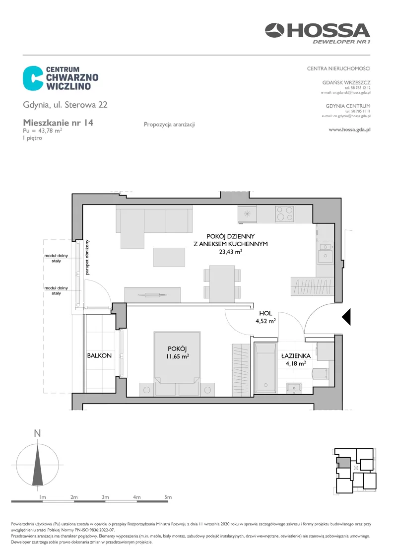 2 pokoje, mieszkanie 43,78 m², piętro 1, oferta nr CCW/S22/14, Centrum Chwarzno - Wiczlino , Gdynia, Chwarzno-Wiczlino, ul. Fregatowa