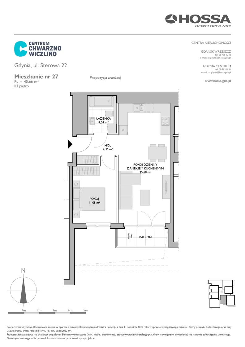 2 pokoje, mieszkanie 45,66 m², piętro 3, oferta nr CCW/S22/27, Centrum Chwarzno - Wiczlino , Gdynia, Chwarzno-Wiczlino, ul. Fregatowa