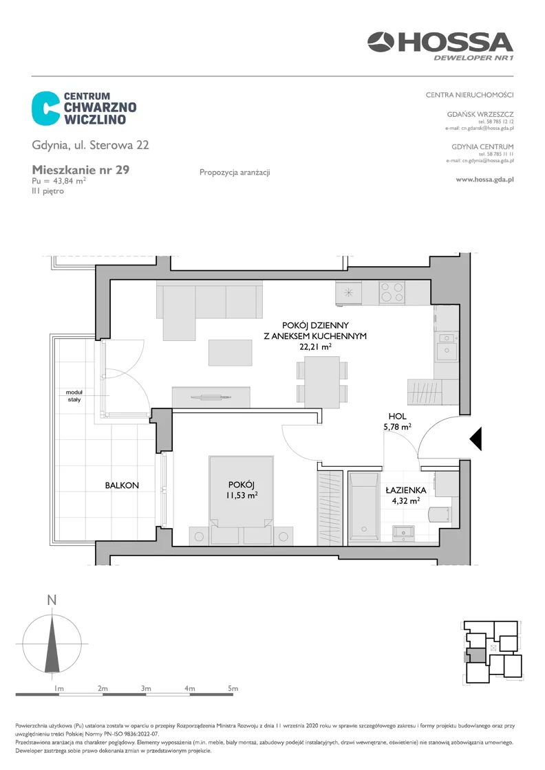 2 pokoje, mieszkanie 43,84 m², piętro 3, oferta nr CCW/S22/29, Centrum Chwarzno - Wiczlino , Gdynia, Chwarzno-Wiczlino, ul. Fregatowa