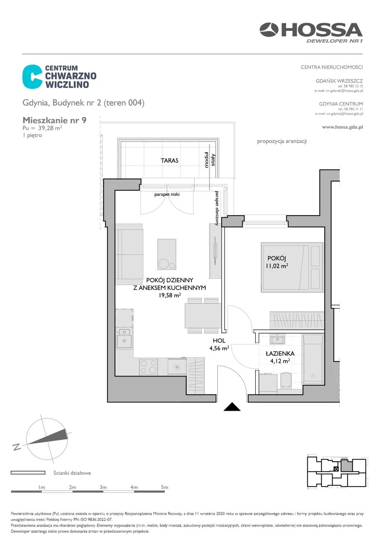 2 pokoje, mieszkanie 39,28 m², piętro 1, oferta nr CCW/B2/9, Centrum Chwarzno - Wiczlino, Gdynia, Chwarzno-Wiczlino, ul. Fregatowa