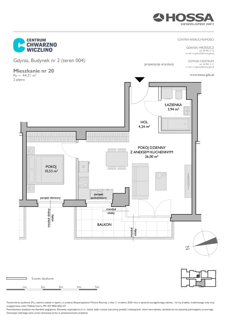 2 pokoje, mieszkanie 44,71 m², piętro 2, oferta nr CCW/B2/20, Centrum Chwarzno - Wiczlino, Gdynia, Chwarzno-Wiczlino, ul. Fregatowa