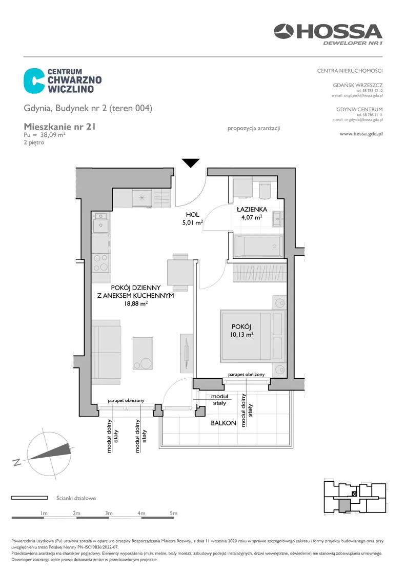 2 pokoje, mieszkanie 38,09 m², piętro 2, oferta nr CCW/B2/21, Centrum Chwarzno - Wiczlino, Gdynia, Chwarzno-Wiczlino, ul. Fregatowa