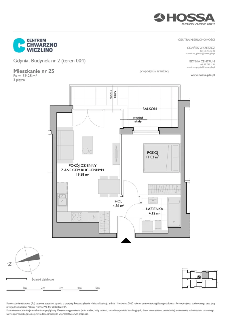2 pokoje, mieszkanie 39,28 m², piętro 3, oferta nr CCW/B2/25, Centrum Chwarzno - Wiczlino, Gdynia, Chwarzno-Wiczlino, ul. Fregatowa