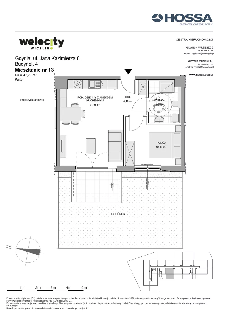 2 pokoje, mieszkanie 42,77 m², parter, oferta nr WW/B4/13, Welocity Wiczlino, Gdynia, Chwarzno-Wiczlino, ul. Jana Kazimierza