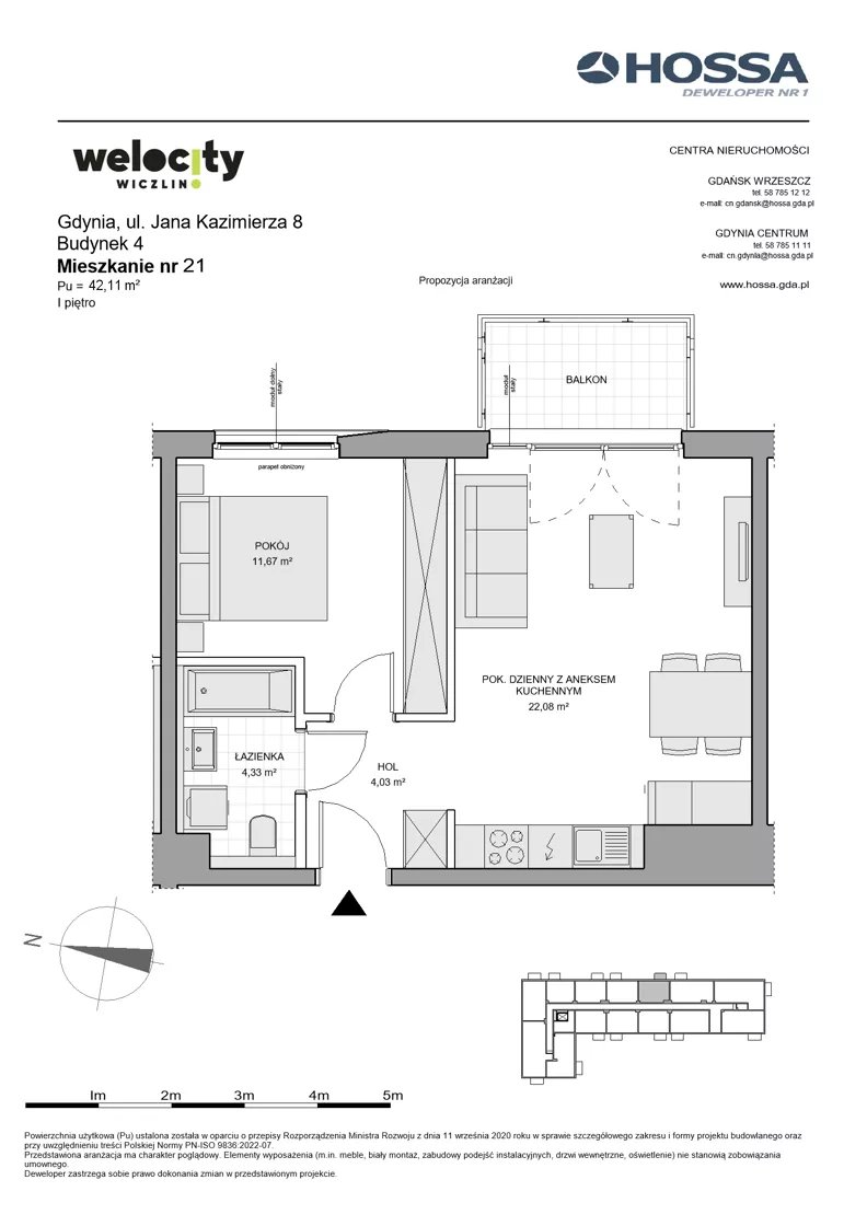 2 pokoje, mieszkanie 42,11 m², piętro 1, oferta nr WW/B4/21, Welocity Wiczlino, Gdynia, Chwarzno-Wiczlino, ul. Jana Kazimierza