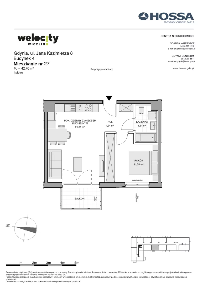 2 pokoje, mieszkanie 42,76 m², piętro 1, oferta nr WW/B4/27, Welocity Wiczlino, Gdynia, Chwarzno-Wiczlino, ul. Jana Kazimierza