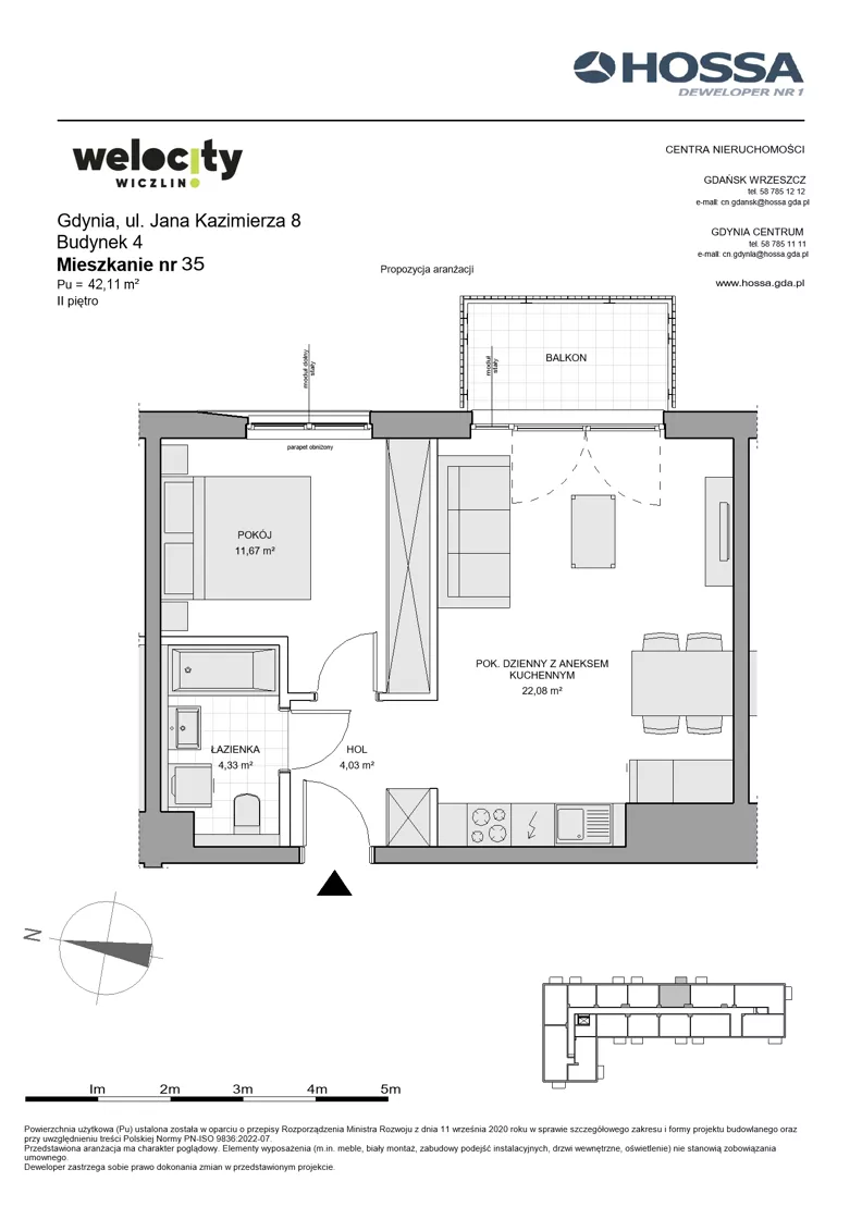 2 pokoje, mieszkanie 42,11 m², piętro 2, oferta nr WW/B4/35, Welocity Wiczlino, Gdynia, Chwarzno-Wiczlino, ul. Jana Kazimierza