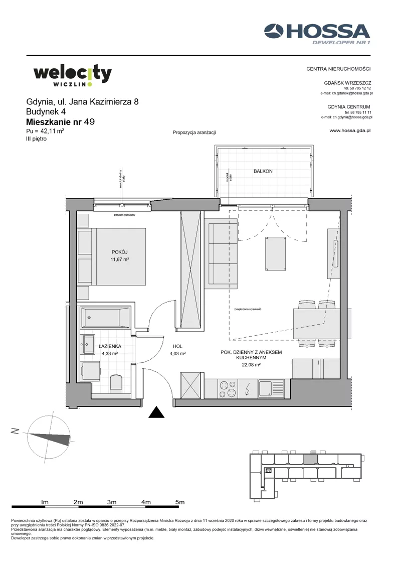 2 pokoje, mieszkanie 42,11 m², piętro 3, oferta nr WW/B4/49, Welocity Wiczlino, Gdynia, Chwarzno-Wiczlino, ul. Jana Kazimierza