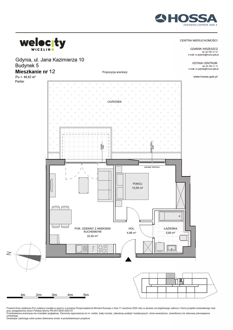 2 pokoje, mieszkanie 46,62 m², parter, oferta nr WW/B5/12, Welocity Wiczlino, Gdynia, Chwarzno-Wiczlino, ul. Jana Kazimierza
