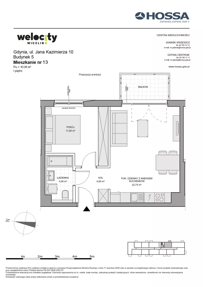 2 pokoje, mieszkanie 42,83 m², piętro 1, oferta nr WW/B5/13, Welocity Wiczlino, Gdynia, Chwarzno-Wiczlino, ul. Jana Kazimierza
