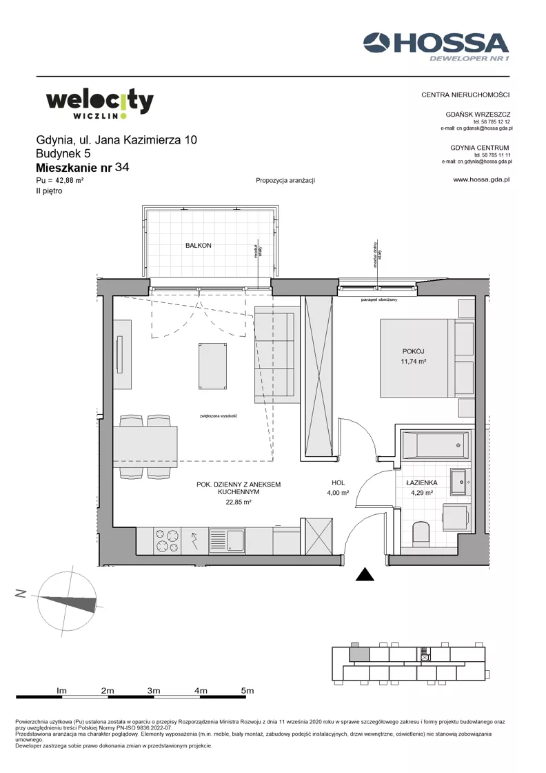 2 pokoje, mieszkanie 42,88 m², piętro 2, oferta nr WW/B5/34, Welocity Wiczlino, Gdynia, Chwarzno-Wiczlino, ul. Jana Kazimierza