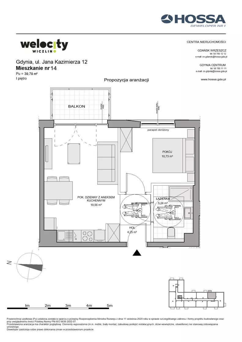 2 pokoje, mieszkanie 39,78 m², piętro 1, oferta nr WW/JK12/14, Welocity Wiczlino, Gdynia, Chwarzno-Wiczlino, ul. Jana Kazimierza