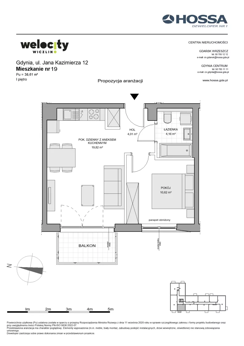 2 pokoje, mieszkanie 38,61 m², piętro 1, oferta nr WW/JK12/19, Welocity Wiczlino, Gdynia, Chwarzno-Wiczlino, ul. Jana Kazimierza