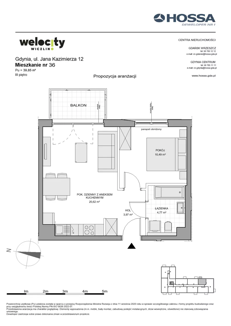 2 pokoje, mieszkanie 39,85 m², piętro 3, oferta nr WW/JK12/36, Welocity Wiczlino, Gdynia, Chwarzno-Wiczlino, ul. Jana Kazimierza