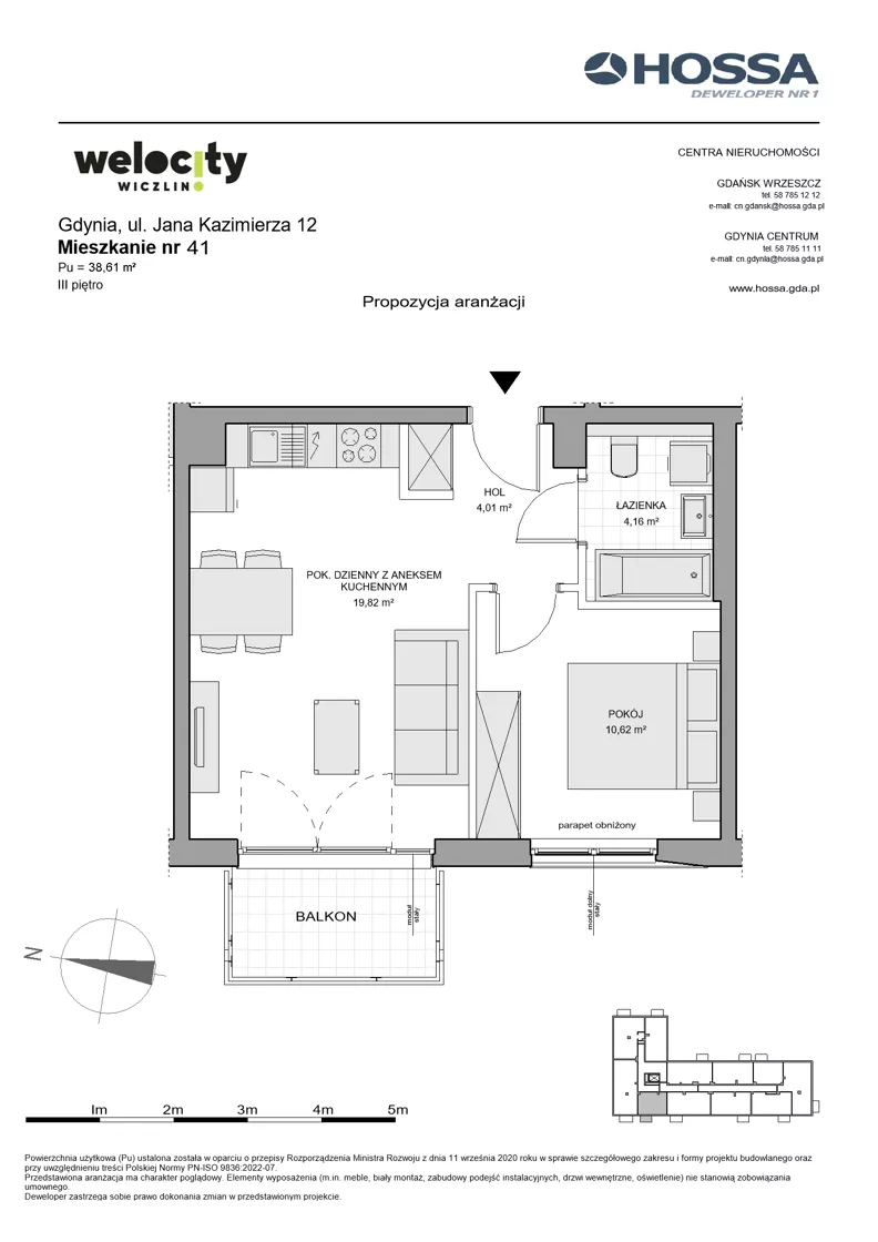 2 pokoje, mieszkanie 38,61 m², piętro 3, oferta nr WW/JK12/41, Welocity Wiczlino, Gdynia, Chwarzno-Wiczlino, ul. Jana Kazimierza
