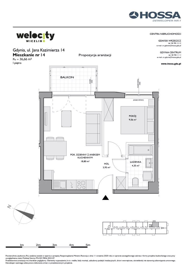 2 pokoje, mieszkanie 36,66 m², piętro 1, oferta nr WW/JK14/14, Welocity Wiczlino, Gdynia, Chwarzno-Wiczlino, ul. Jana Kazimierza