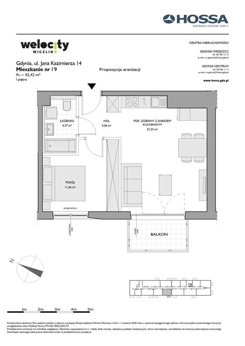 2 pokoje, mieszkanie 42,42 m², piętro 1, oferta nr WW/JK14/19, Welocity Wiczlino, Gdynia, Chwarzno-Wiczlino, ul. Jana Kazimierza