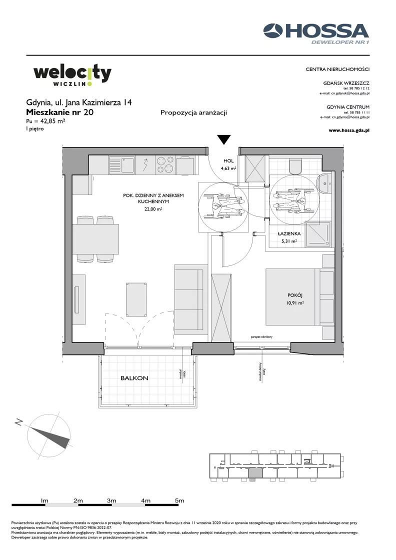 2 pokoje, mieszkanie 42,85 m², piętro 1, oferta nr WW/JK14/20, Welocity Wiczlino, Gdynia, Chwarzno-Wiczlino, ul. Jana Kazimierza