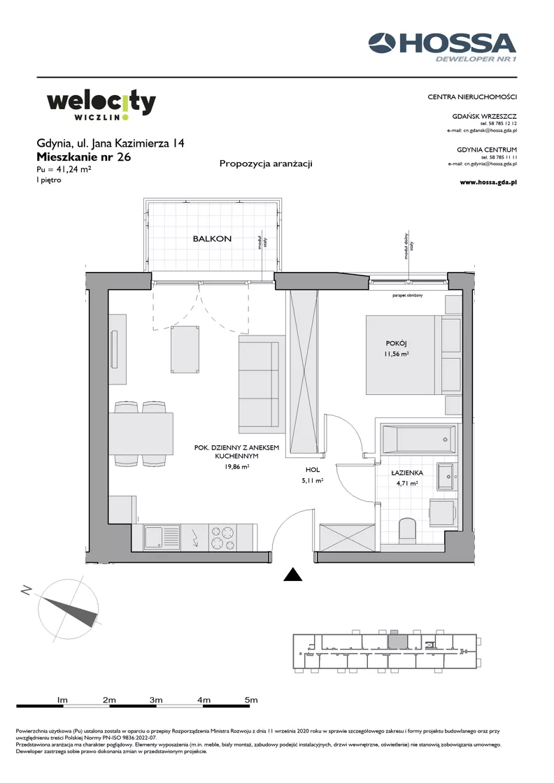 2 pokoje, mieszkanie 41,24 m², piętro 1, oferta nr WW/JK14/26, Welocity Wiczlino, Gdynia, Chwarzno-Wiczlino, ul. Jana Kazimierza