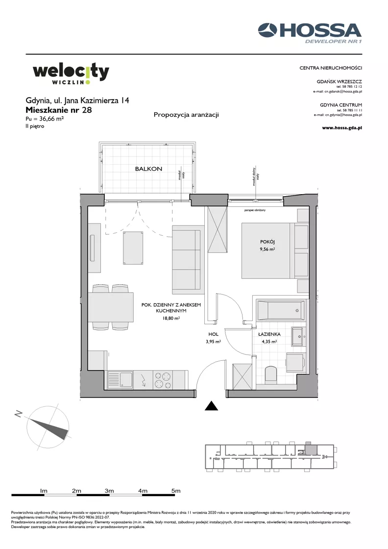 2 pokoje, mieszkanie 36,66 m², piętro 2, oferta nr WW/JK14/28, Welocity Wiczlino, Gdynia, Chwarzno-Wiczlino, ul. Jana Kazimierza
