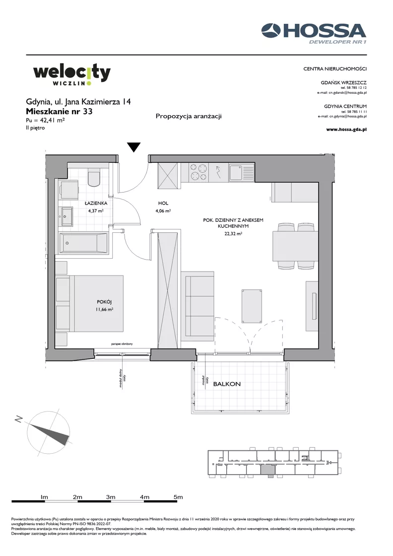 2 pokoje, mieszkanie 42,41 m², piętro 2, oferta nr WW/JK14/33, Welocity Wiczlino, Gdynia, Chwarzno-Wiczlino, ul. Jana Kazimierza