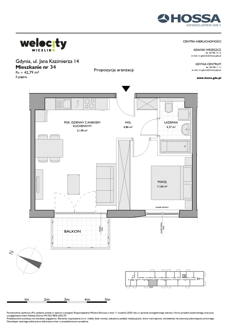 2 pokoje, mieszkanie 42,79 m², piętro 2, oferta nr WW/JK14/34, Welocity Wiczlino, Gdynia, Chwarzno-Wiczlino, ul. Jana Kazimierza