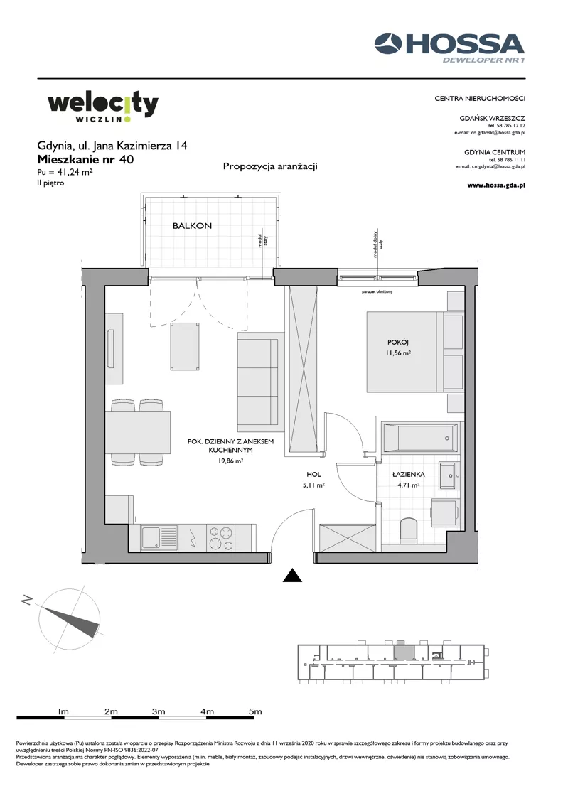 2 pokoje, mieszkanie 41,24 m², piętro 2, oferta nr WW/JK14/40, Welocity Wiczlino, Gdynia, Chwarzno-Wiczlino, ul. Jana Kazimierza
