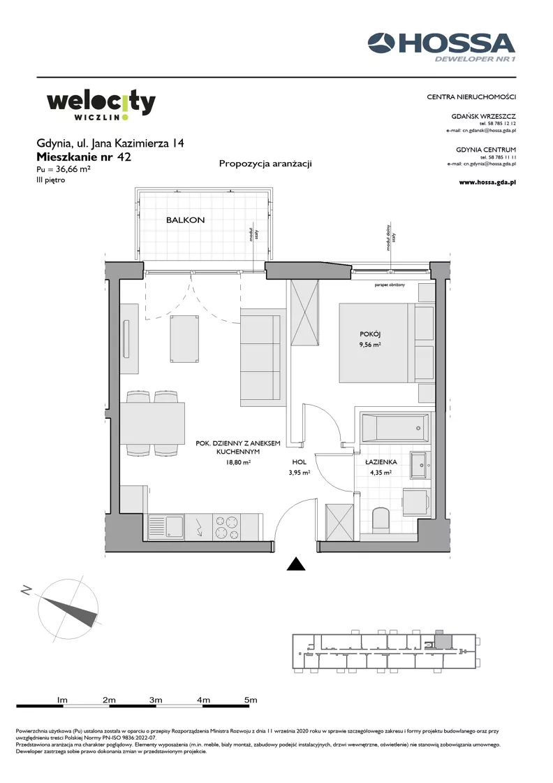 2 pokoje, mieszkanie 36,66 m², piętro 3, oferta nr WW/JK14/42, Welocity Wiczlino, Gdynia, Chwarzno-Wiczlino, ul. Jana Kazimierza
