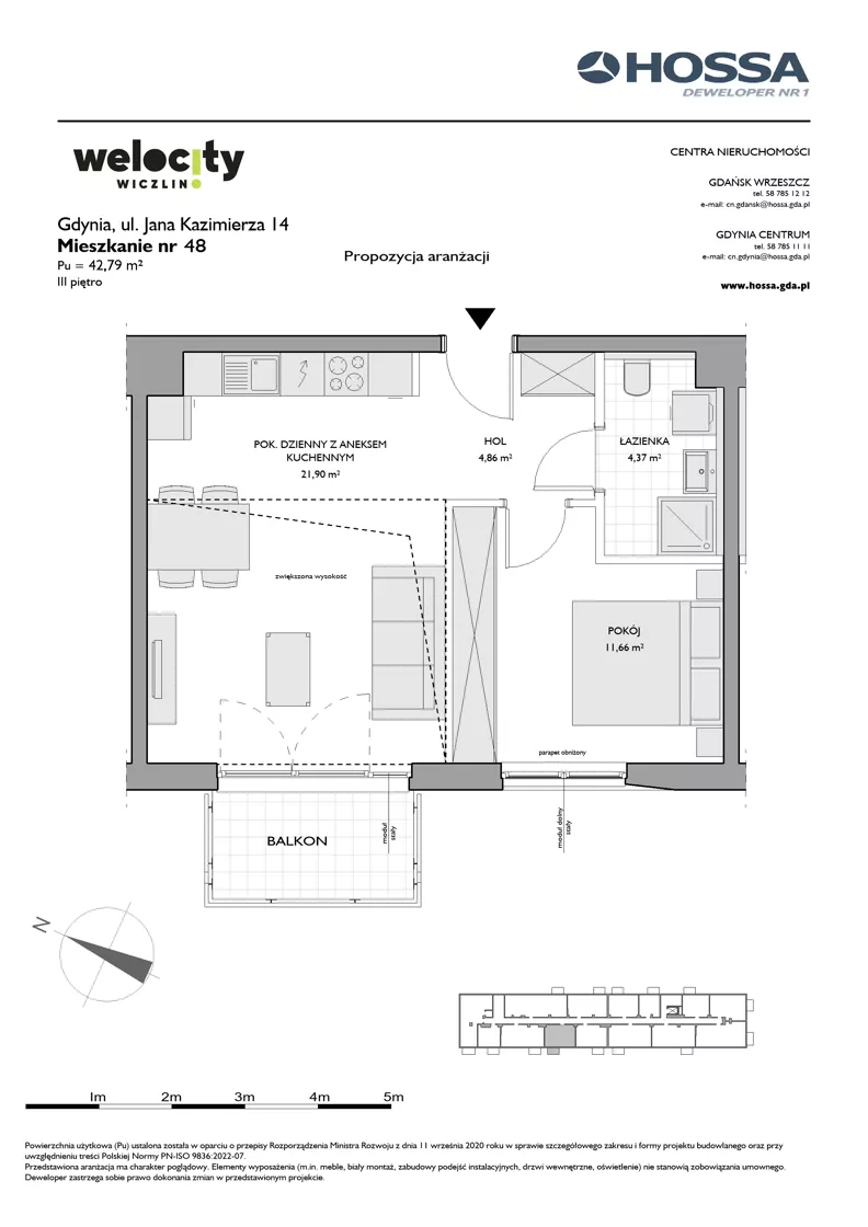 2 pokoje, mieszkanie 42,79 m², piętro 3, oferta nr WW/JK14/48, Welocity Wiczlino, Gdynia, Chwarzno-Wiczlino, ul. Jana Kazimierza