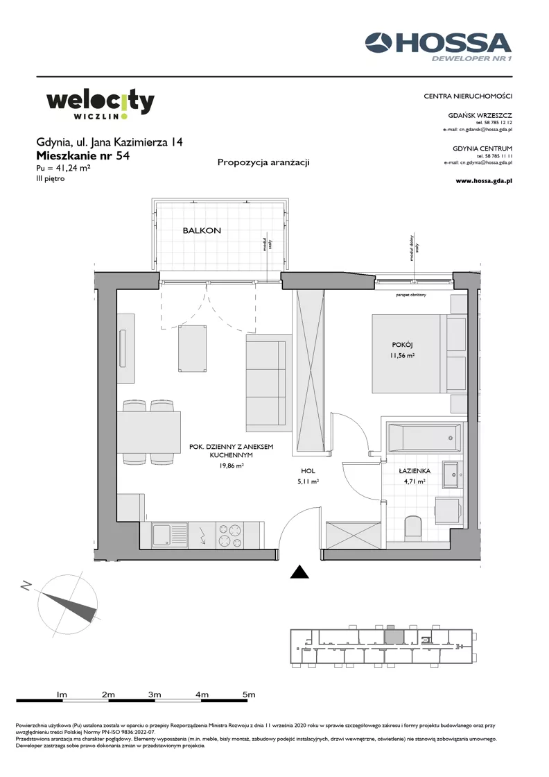 2 pokoje, mieszkanie 41,24 m², piętro 3, oferta nr WW/JK14/54, Welocity Wiczlino, Gdynia, Chwarzno-Wiczlino, ul. Jana Kazimierza
