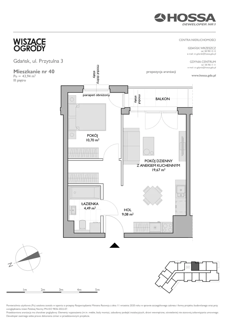 2 pokoje, mieszkanie 43,94 m², piętro 3, oferta nr WO/P3/40, Wiszące Ogrody, Gdańsk, Jasień, Kiełpinek, ul. Przytulna