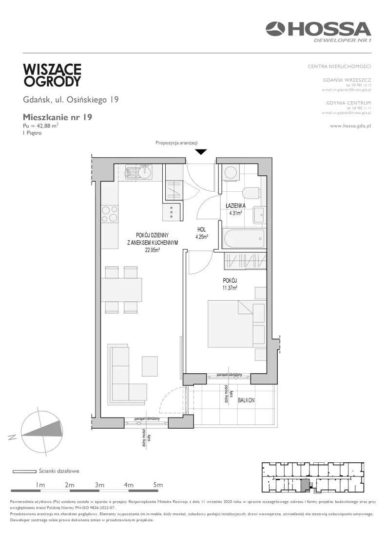 2 pokoje, mieszkanie 42,88 m², piętro 1, oferta nr WO/O19/19, Wiszące Ogrody, Gdańsk, Jasień, Kiełpinek, ul. Przytulna