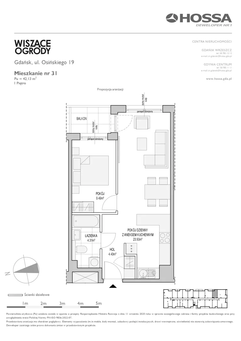 2 pokoje, mieszkanie 42,13 m², piętro 1, oferta nr WO/O19/31, Wiszące Ogrody, Gdańsk, Jasień, Kiełpinek, ul. Przytulna