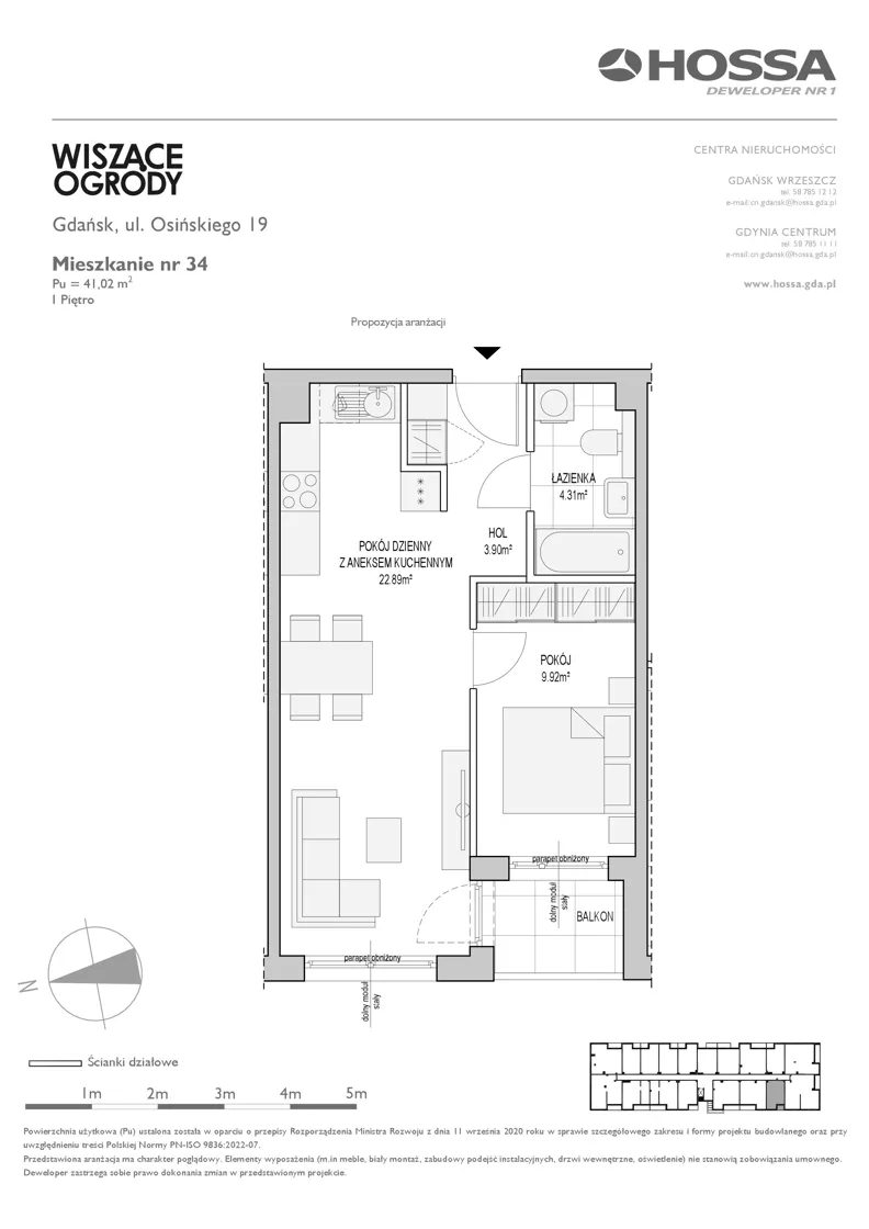 2 pokoje, mieszkanie 41,02 m², piętro 1, oferta nr WO/O19/34, Wiszące Ogrody, Gdańsk, Jasień, Kiełpinek, ul. Przytulna