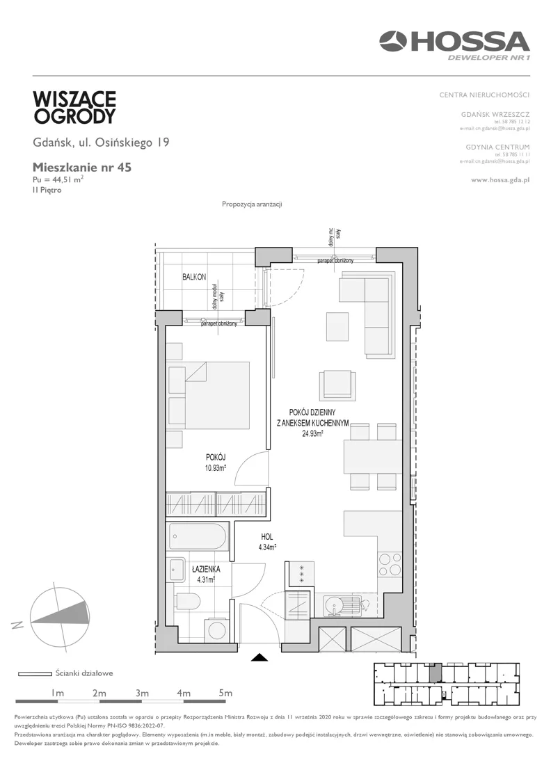 2 pokoje, mieszkanie 44,51 m², piętro 2, oferta nr WO/O19/45, Wiszące Ogrody, Gdańsk, Jasień, Kiełpinek, ul. Przytulna
