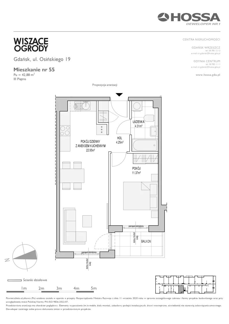 2 pokoje, mieszkanie 42,88 m², piętro 3, oferta nr WO/O19/55, Wiszące Ogrody, Gdańsk, Jasień, Kiełpinek, ul. Przytulna